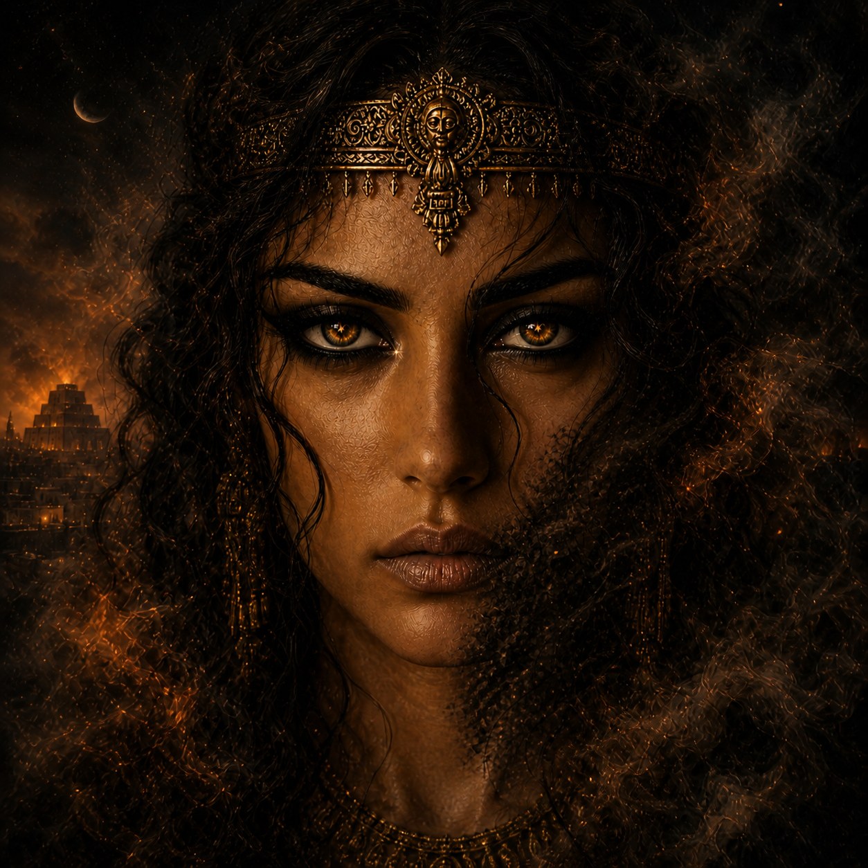 A close portrait of Naamah, ancient and witnessing, gold filigree headpiece, dark curling hair, a flame visible inside her pupil
