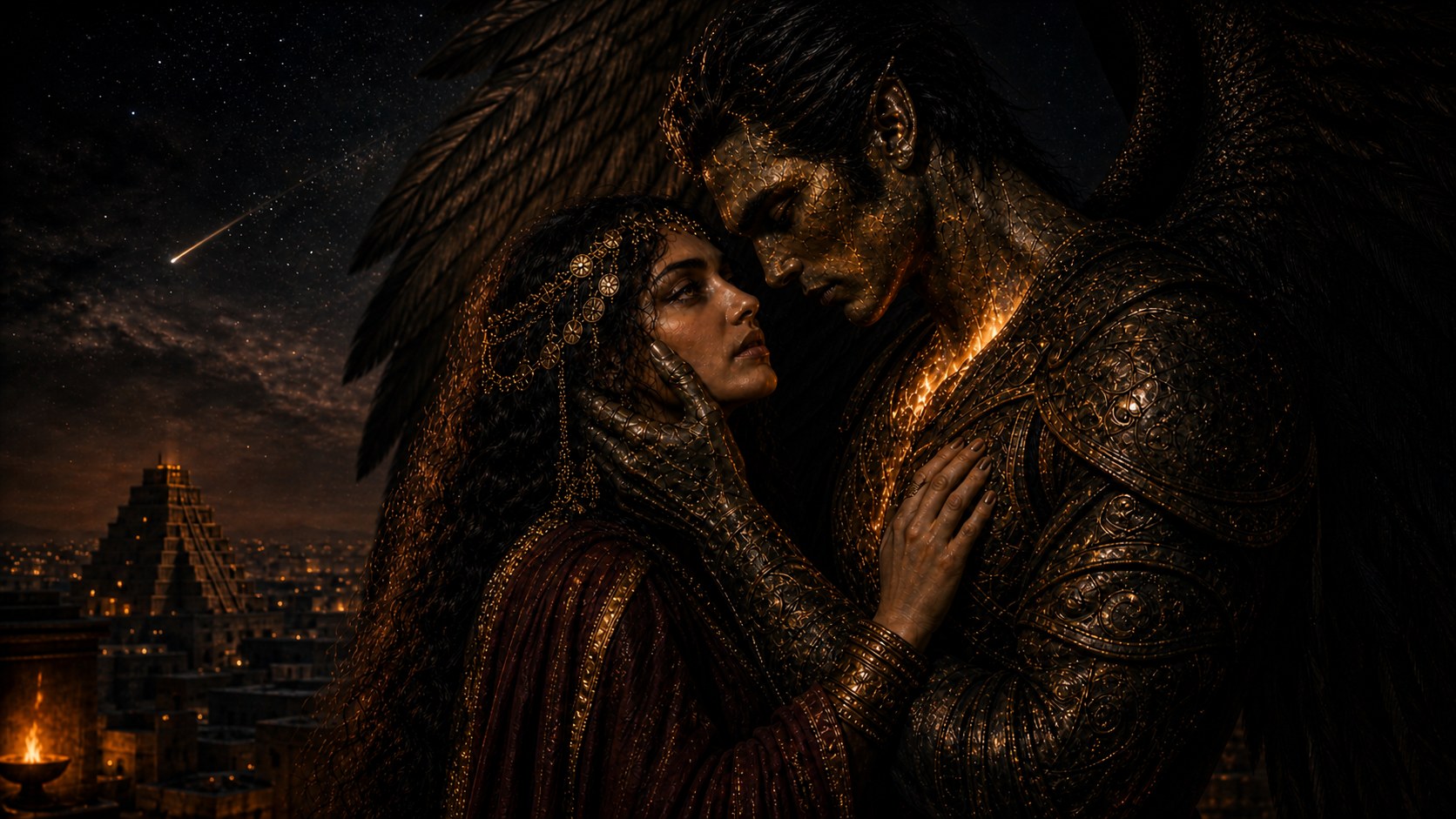 Naamah pressed close to a bronze-armored Watcher, his hand cradling her cheek, his face inhuman but beautiful, a falling star streaking across the night sky behind them, the city of Cain glowing in the distance below