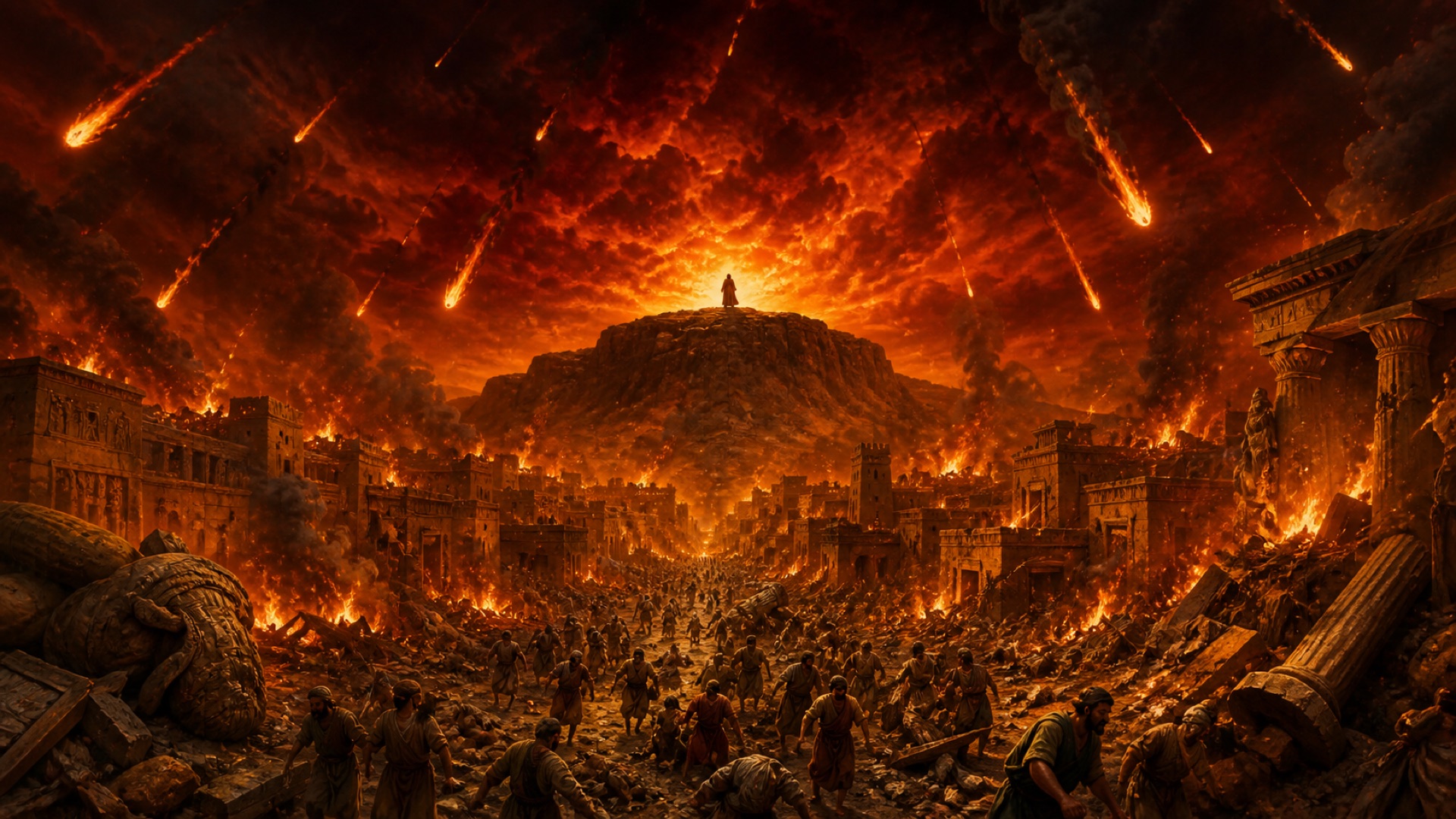 An ancient Bronze Age city engulfed in fire from a torn red sky, fleeing figures, a single robed witness on a high ridge in the distance