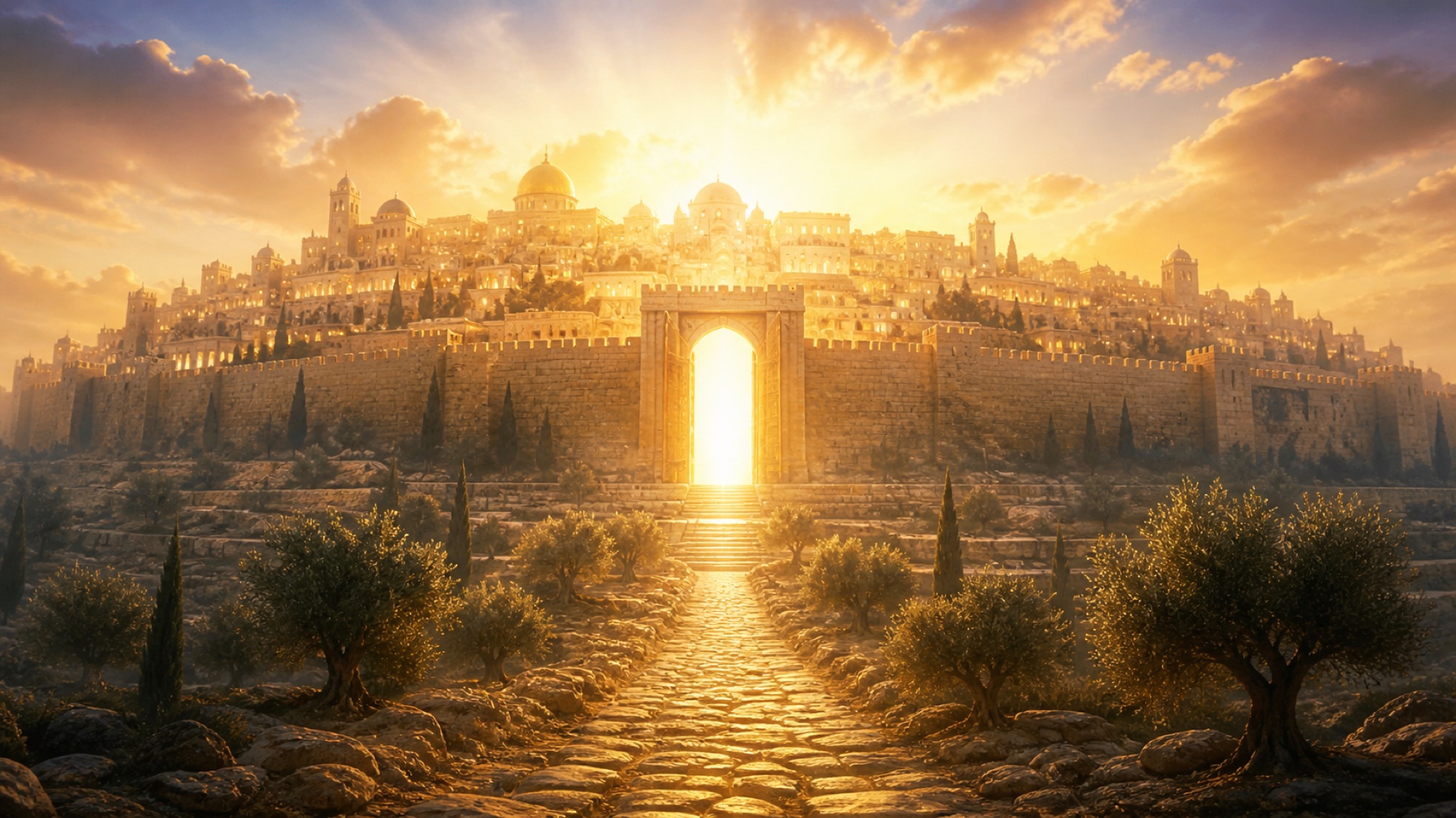 A luminous walled city on a high mountain at dawn, golden light radiating from within, an open gate pouring pure white-gold light at the center