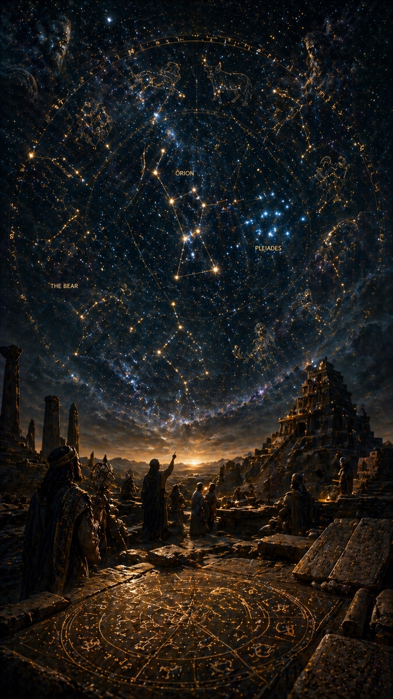 Ancient priests under a star-filled sky reading the constellations Orion, the Pleiades, and the Bear above a Babylonian ziggurat, with a stone-inscribed zodiac wheel beneath their feet