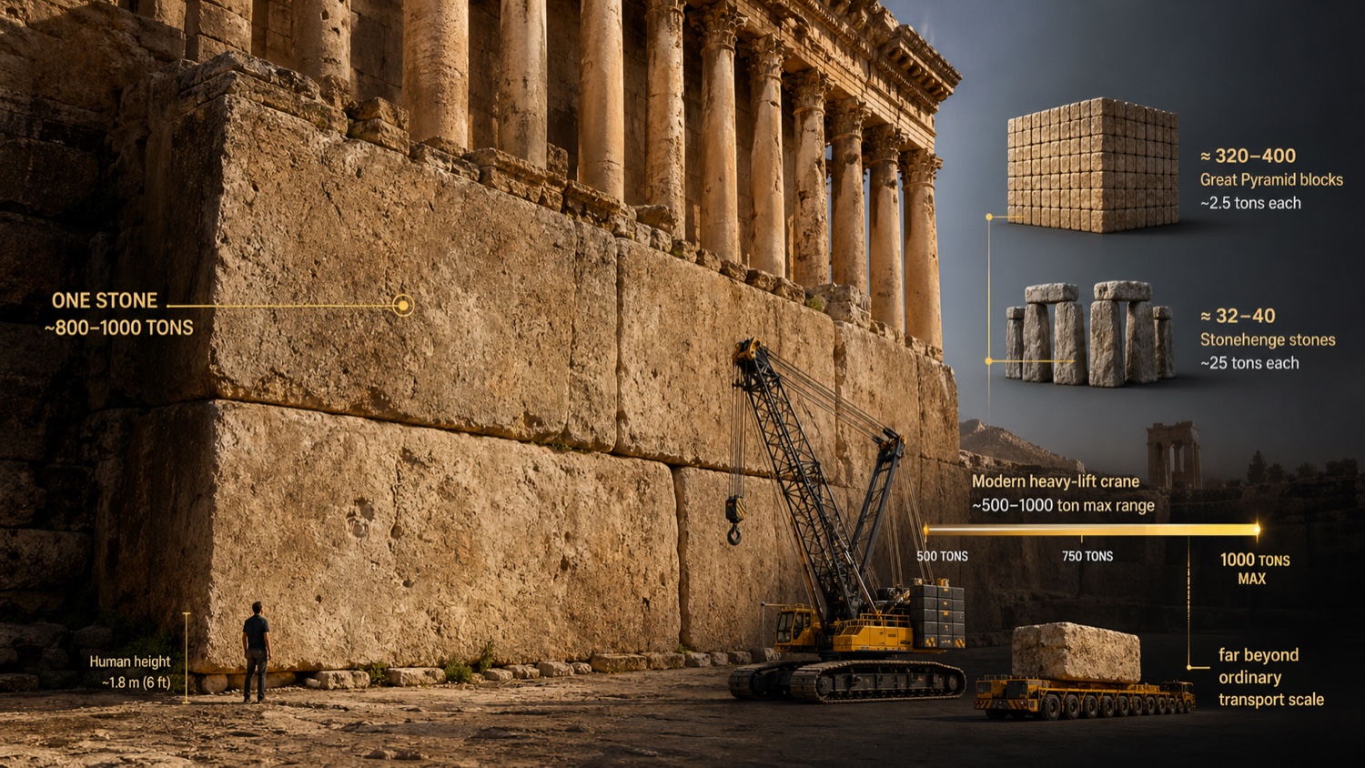 The Baalbek Trilithon foundation wall with the Roman Temple of Jupiter columns above; a single 800-1000 ton stone is annotated next to a modern heavy-lift crane parked beside it for direct scale, with side comparisons to 320-400 Great Pyramid blocks and 32-40 Stonehenge stones, and a 'far beyond ordinary transport scale' note pointing to the 1000-ton crane ceiling