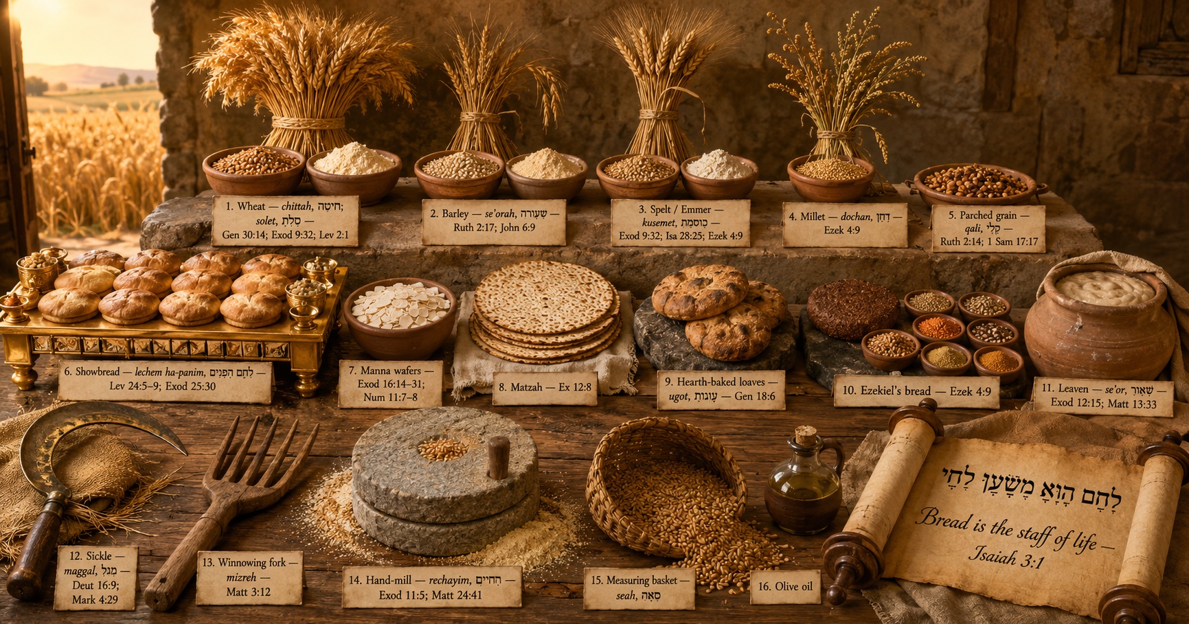 A biblical grain pantry on a threshing-floor table: sheaves of wheat, barley, spelt, and millet, with showbread, matzah, manna wafers, hearth-baked loaves, and Ezekiel's bread, plus a sickle, winnowing fork, hand-mill, and measuring basket