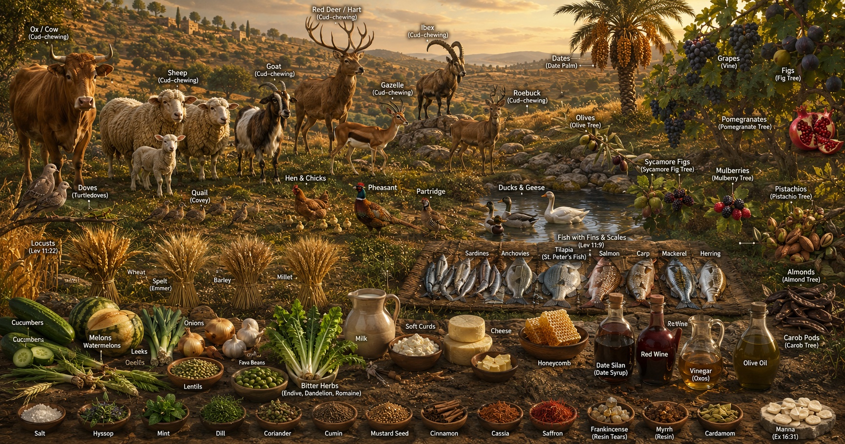 A panorama of all the foods scripture names: grains, vines, fruits, herbs, and clean creatures together