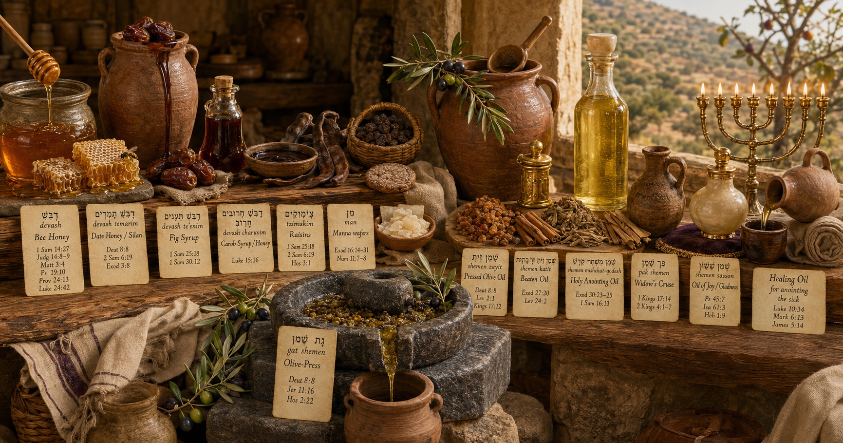 A press-room shelf of biblical sweeteners and oils: bee honey with honeycomb, date silan, fig and carob syrups, raisins, manna wafers, pressed and beaten olive oil, the Holy Anointing Oil compound, the widow's cruse, oil of joy, healing oil — with a stone olive press and a lit menorah