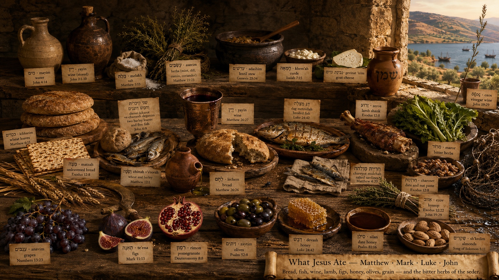 A laid table of every food the Gospels name in the life of Yeshua: barley and wheat loaves, matzah, broiled fish, salted sardines, roasted lamb, figs (whole and split), pomegranates, grapes, olives in two bowls, olive oil, honeycomb, date silan, almonds, curds and cheese, lentil stew, mint, dill, cumin, coriander, hyssop, bitter herbs, salt, with the Sea of Galilee in the background