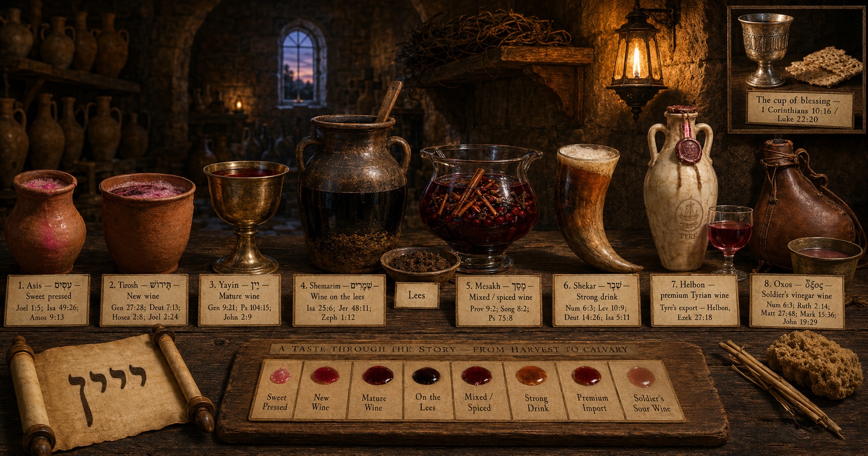 A cellar shelf of biblical wine cups in order of age: asis (sweet pressed), tirosh (new wine), yayin (mature), wine on the lees, mixed/spiced, shekar (strong drink), Helbon (premium Tyrian), oxos (soldier's vinegar) — with a Cup of Blessing inset and a tasting plate