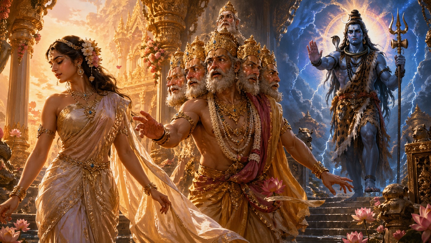 Shatarupa walking away from a five-headed Brahma whose heads turn in every direction following her, set in a golden palace at sunrise: while at right Shiva appears in storm-blue light wielding the trident, hand raised in judgment, ready to sever the fifth head