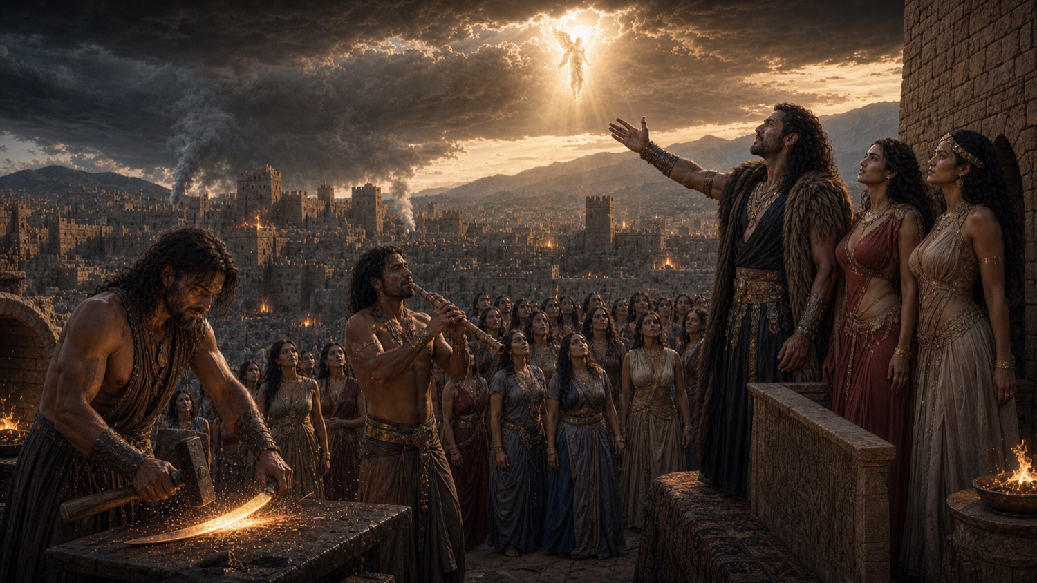 The first walled city of Cain at twilight: heavy stone walls and watchtowers, forges glowing in the foreground, with Tubal-Cain at the anvil, Jubal playing his flute, and Lamech declaring his murder-boast on a balcony, while a Watcher descends in a sliver of golden light above the corrupted civilization