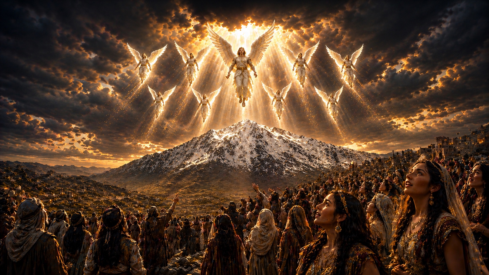 The Watchers descending in radiant light onto Mount Hermon as the daughters of men gaze up, with a regional map inset of northern Israel, Lebanon, Syria, and Jordan