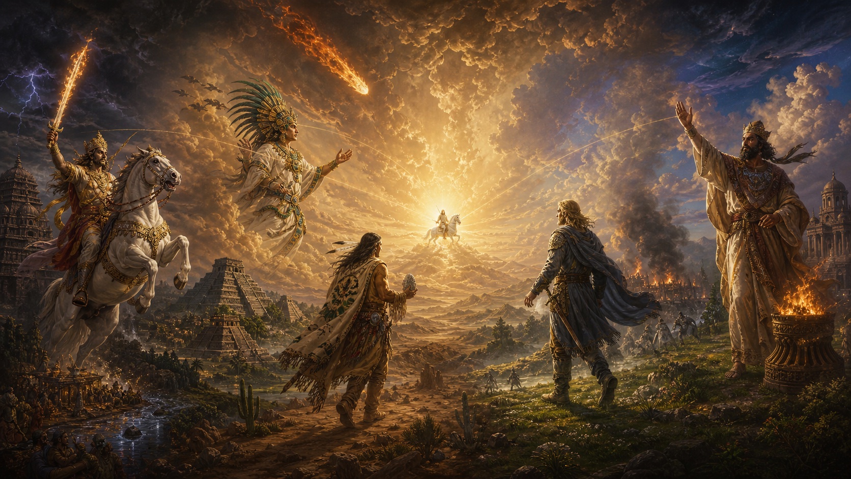 Five end-times saviors converging toward a central white-horse rider on the horizon: Kalki on a rearing white horse with a flaming sword, Quetzalcoatl with feathered headdress descending from golden clouds, the Hopi True White Brother walking from the desert as the ninth-sign object trails fire above, a radiant Norse god rising from green new earth after Ragnarok, and Saoshyant in Persian robes with a fire-altar burning behind him