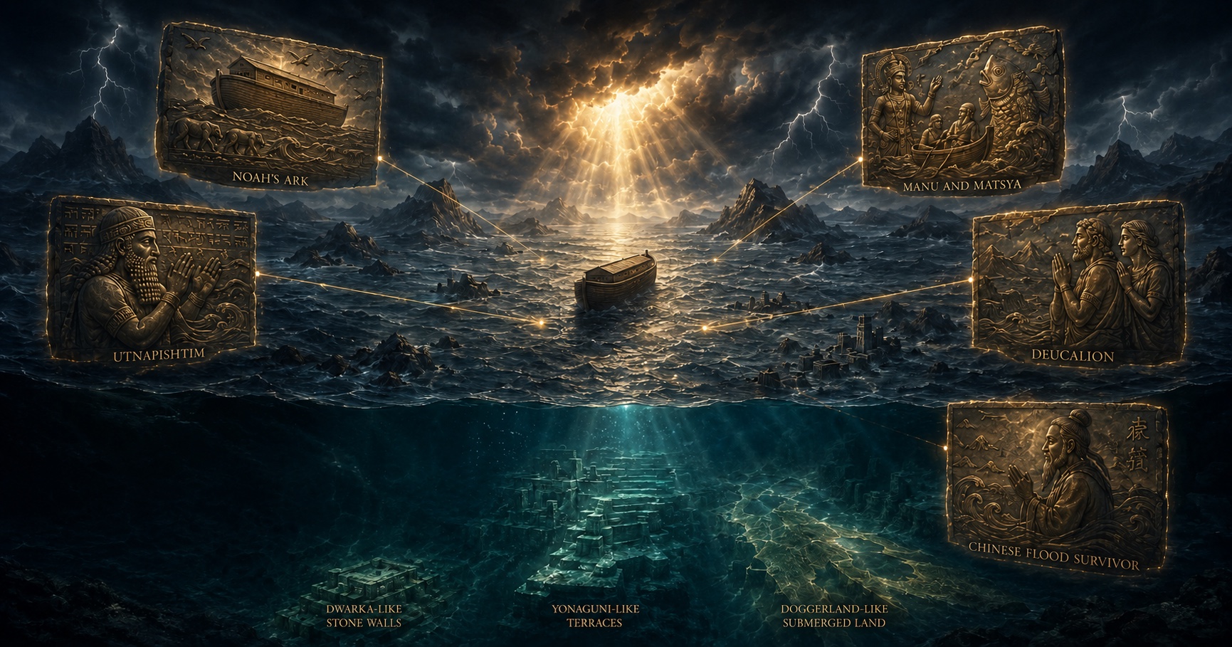 A composite tableau of every continent's flood memory: Noah's Ark cresting a mountain in storm-light, Manu and the Matsya fish, Utnapishtim tablet relief, Deucalion and Pyrrha, the Chinese flood survivor, with a drowned cityscape glowing teal beneath the waterline labelled with Dwarka-like stone walls, Yonaguni-like terraces, and Doggerland-like submerged land.