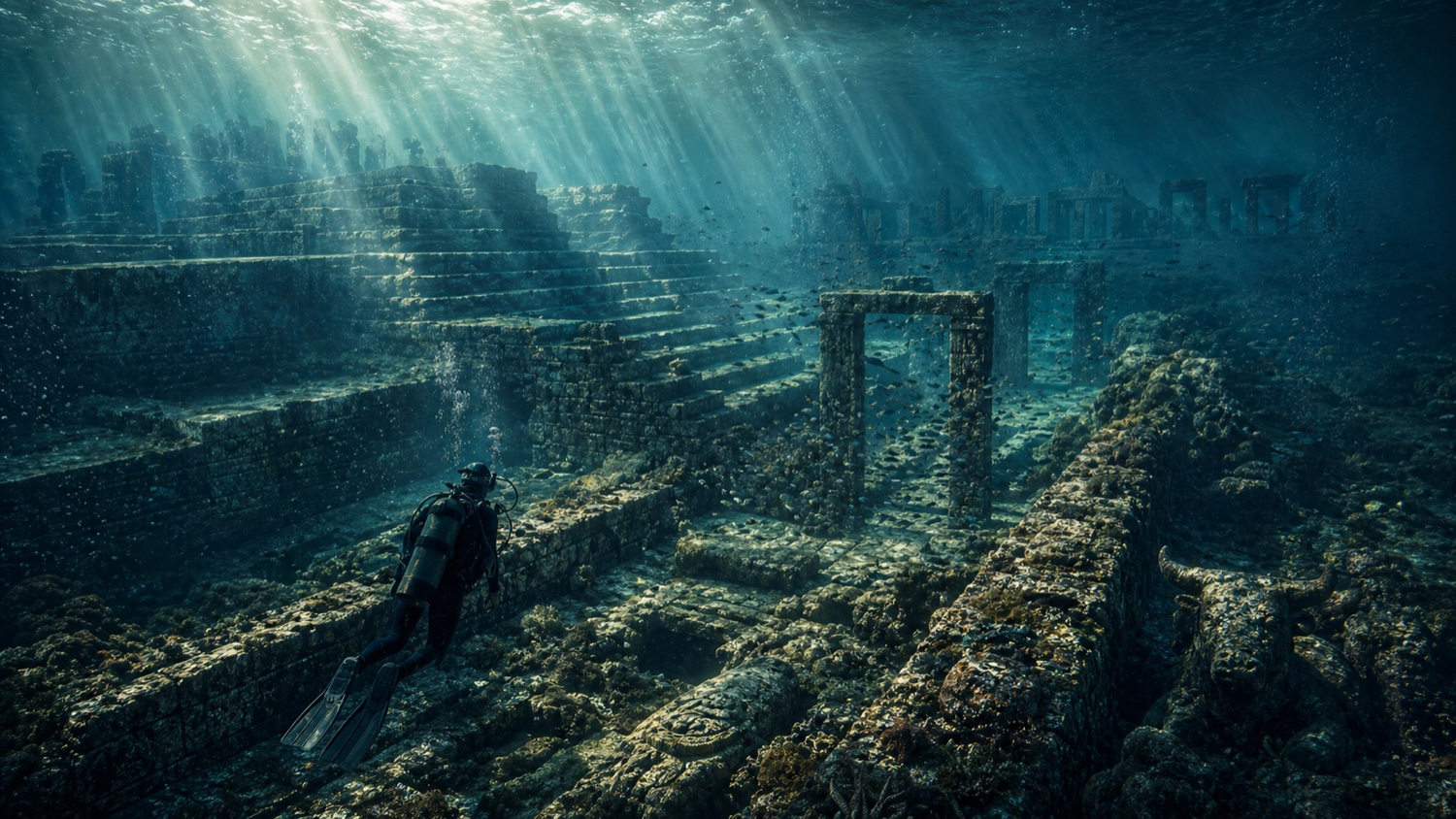 Cinematic underwater scene: a lone diver descends through god-rays of sunlight piercing deep teal water, illuminating massive submerged megalithic platforms, dressed stone walls coated in coral, and a drowned city stretching into the murk. Yonaguni, Dwarka, and Doggerland implied across one frame.