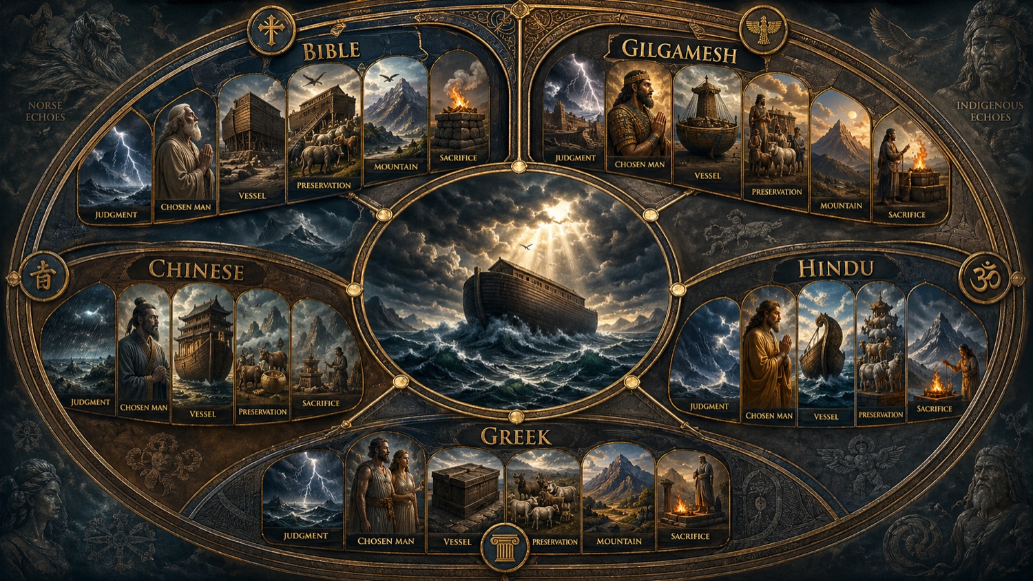 Five-civilization composite flood narrative panel: Bible Noah's ark, Sumerian Gilgamesh Utnapishtim, Chinese flood survivor, Hindu Manu and Matsya, and Greek Deucalion: each panel showing the same five core elements: judgment, chosen man, vessel, preservation, mountain, sacrifice: all arranged around a central image of the ark on the waters