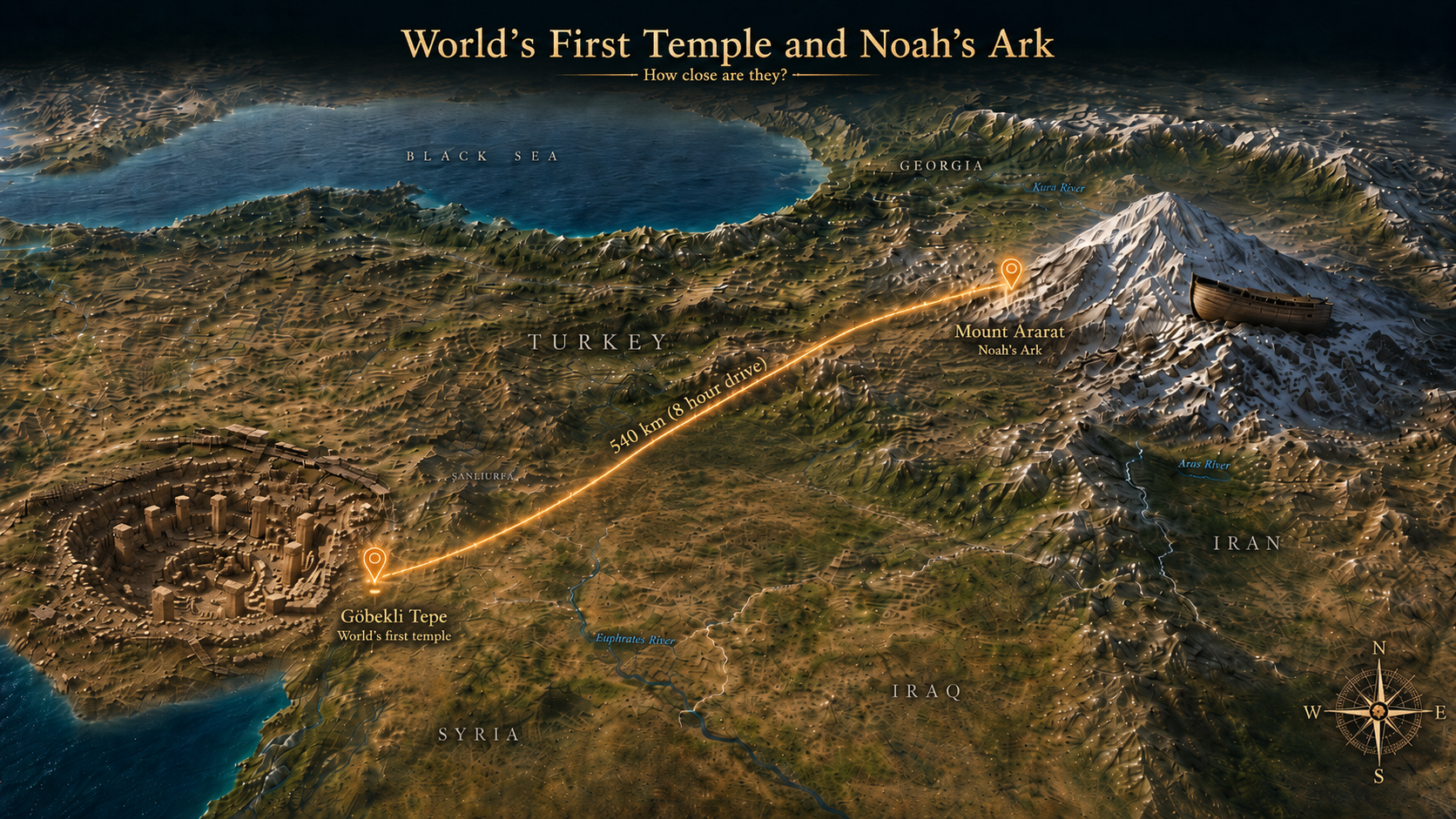 Satellite map showing Göbekli Tepe in southeastern Turkey and Mount Ararat (Noah's Ark) in eastern Turkey, connected by a golden line spanning ~540 km — the world's first temple sits remarkably close to where the Ark is believed to have landed