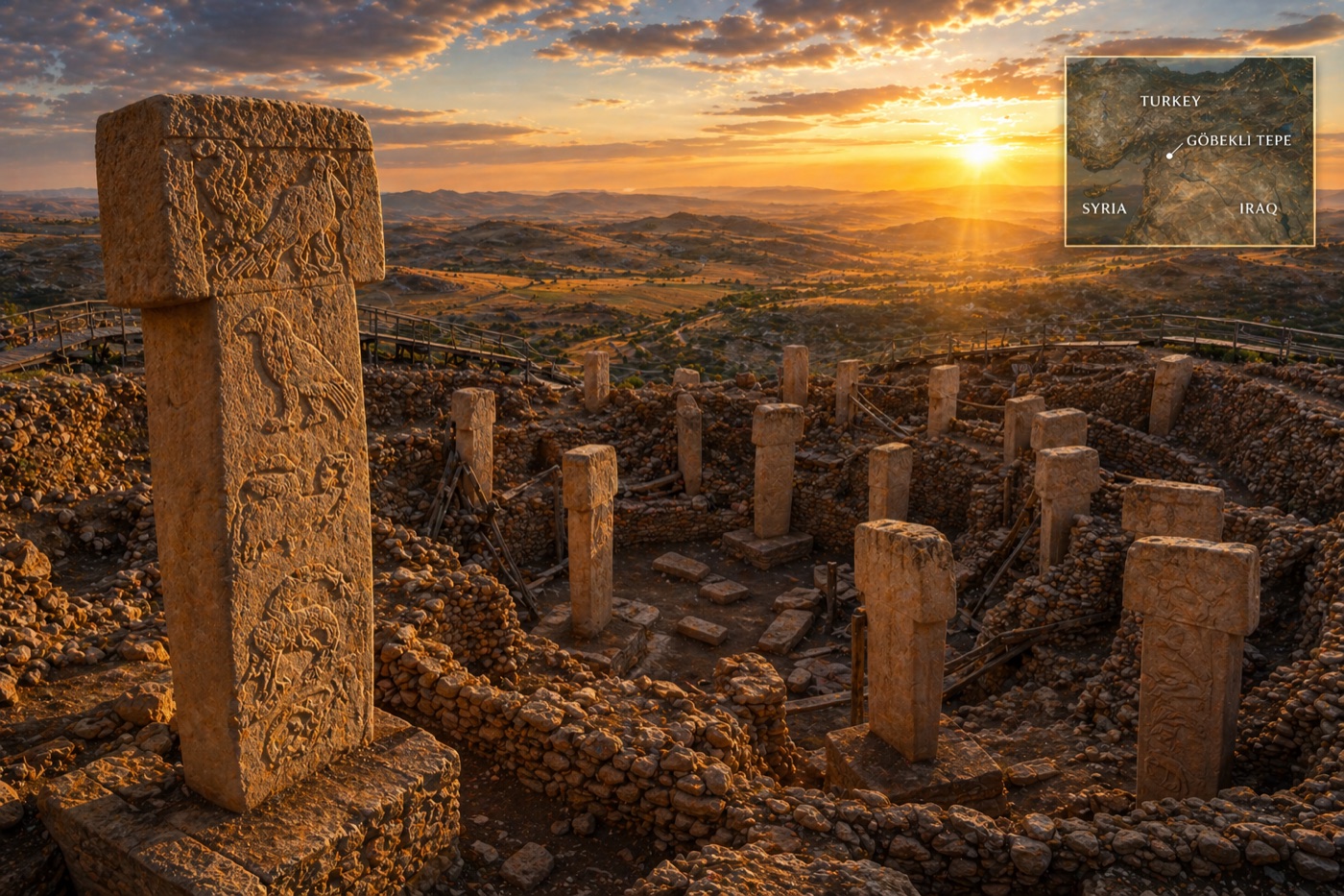 Göbekli Tepe at sunset: T-shaped megalithic pillars with animal carvings, circular stone enclosure, southeastern Turkey, with location map inset