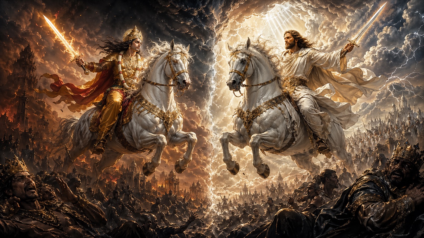 Kalki on his white horse Devadatta and Christ on his white horse from Revelation, mirrored split composition with both wielding swords above the world, storm clouds parting to reveal divine light