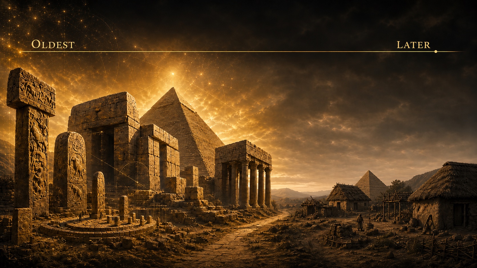 Oldest vs. Later in the Near East: a vast colonnaded temple complex with megalithic pillars and a stepped pyramid blazing under a starlit sky on the left, fading on the right into a small village of thatched mud-brick huts with a tiny pyramid silhouette in the distance