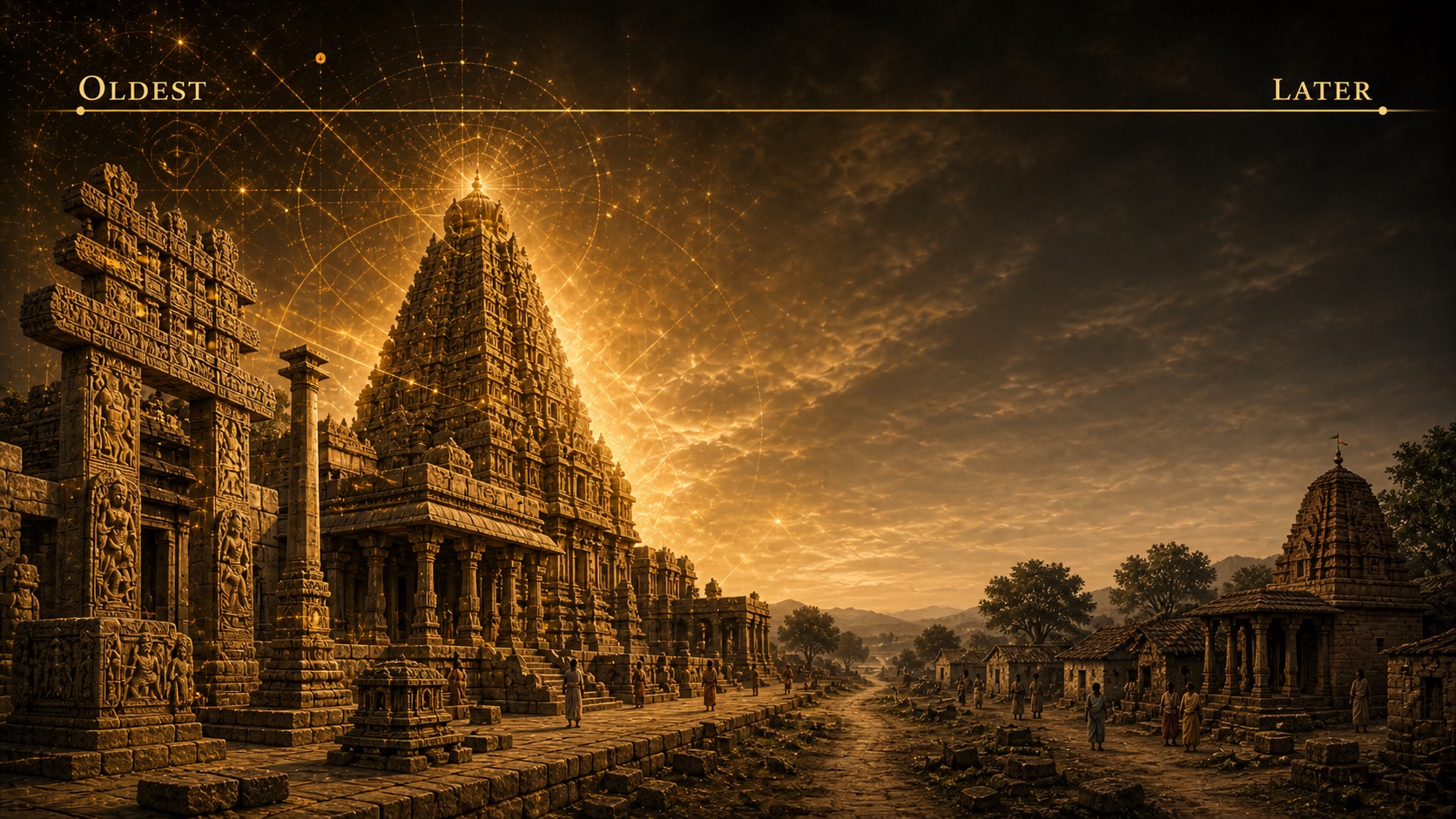 Oldest vs. Later in India: an immense Dravidian temple with intricately carved gopuram towers and stone deities glowing under a celestial mandala on the left, transitioning on the right to a far simpler later-era shrine on a dirt path with a few villagers walking past