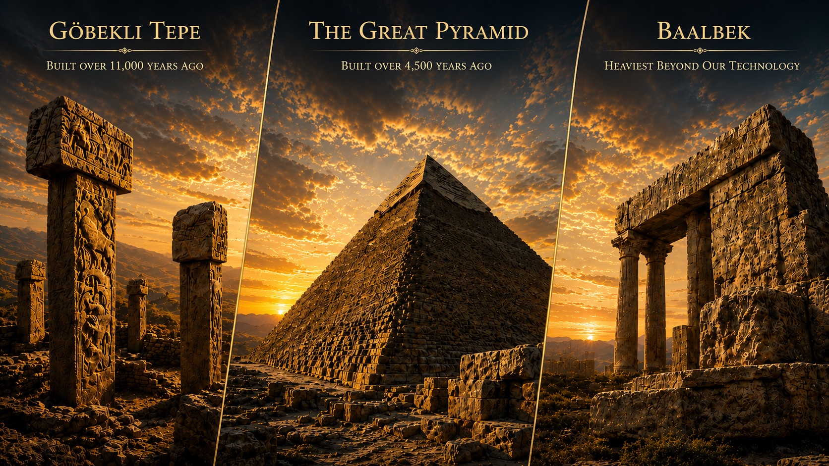 A triptych at sunset: Göbekli Tepe's T-shaped pillars built over 11,000 years ago, the Great Pyramid of Giza built over 4,500 years ago, and the Roman-era columns of Baalbek atop a foundation of precision beyond our technology