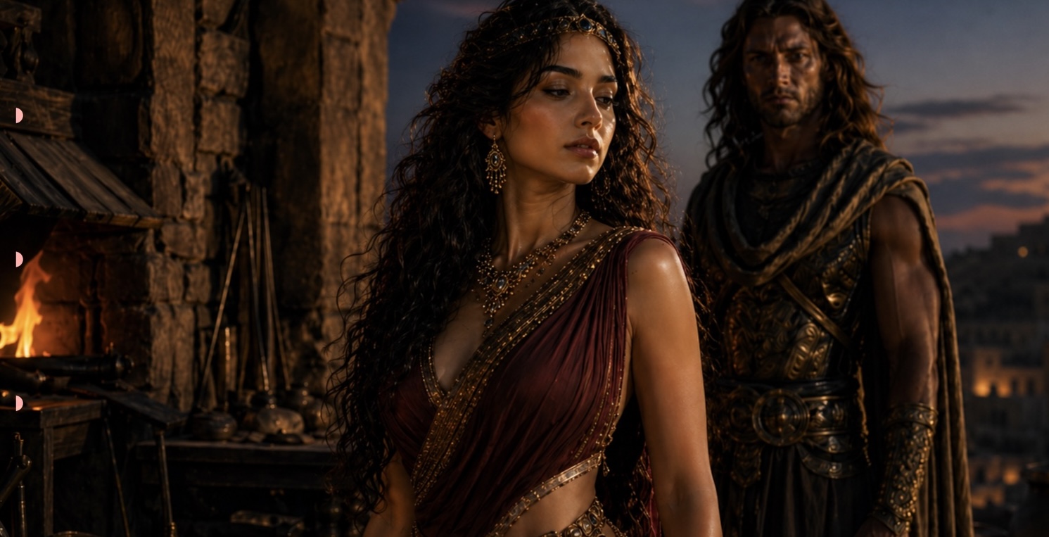 Naamah at dusk: a young woman with long dark curling hair, gold filigree headpiece and chandelier earrings, standing in front of a forge with a stern bronze-armored Watcher figure looming in the background, the city of Cain glowing under a violet sky