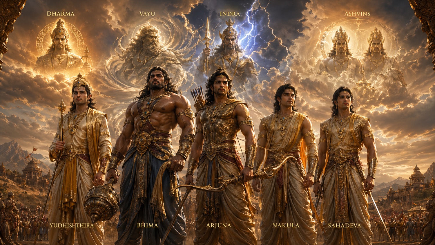 The five Pandavas standing on the battlefield with their divine fathers manifested in the storm-lit clouds above: Dharma above Yudhishthira, Vayu above Bhima, Indra above Arjuna wielding lightning, and the twin Ashvins above Nakula and Sahadeva: each warrior labeled with his name and each god labeled above