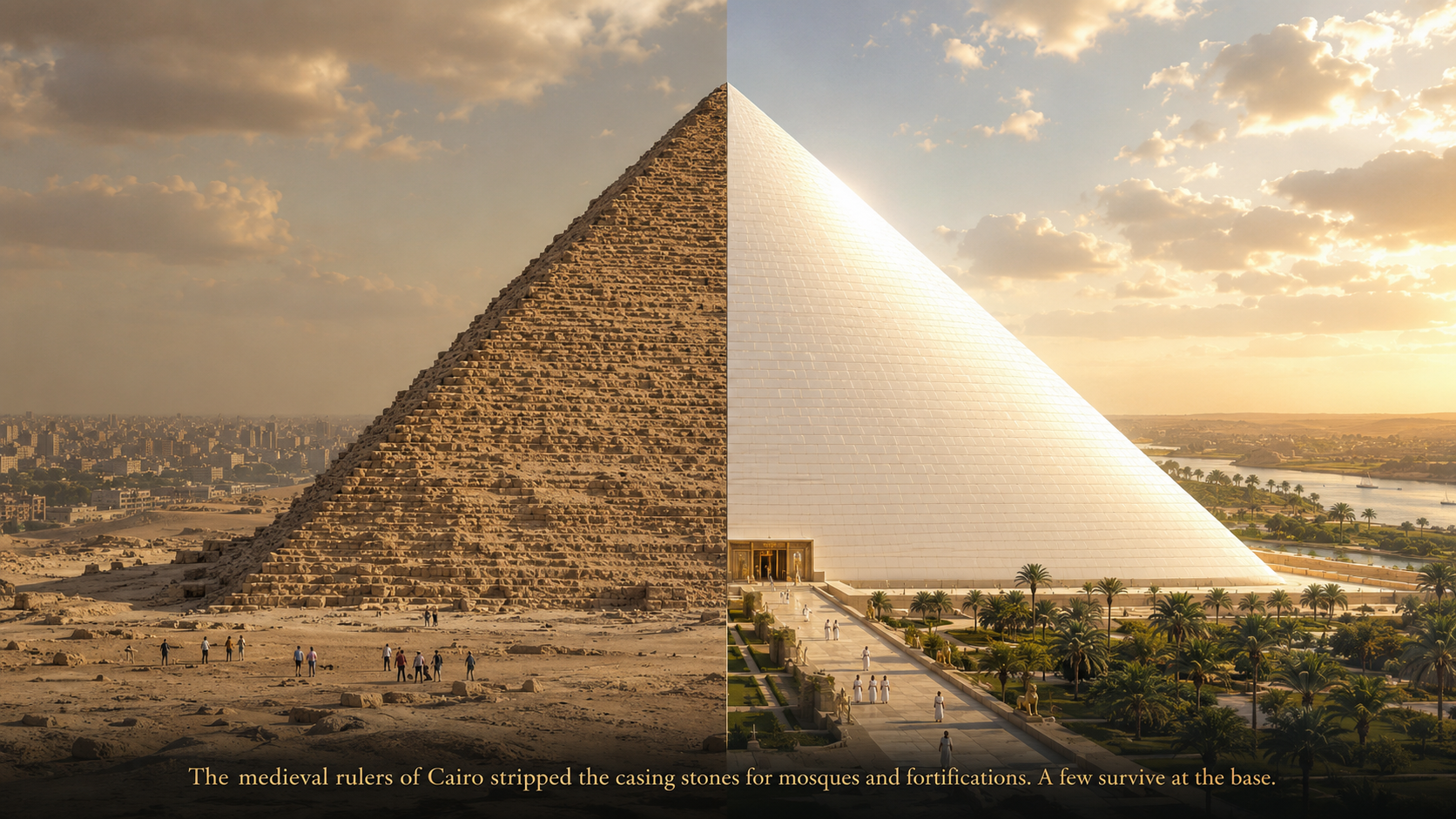 Split comparison of the Great Pyramid: the left side shows its current weathered state with exposed limestone courses and tourists for scale; the right side reconstructs its original 2560 BCE appearance — a smooth, gleaming white structure sheathed in polished Tura limestone casing stones that reflected sunlight for miles. Footer: the medieval rulers of Cairo stripped the casing stones for mosques and fortifications; a few survive at the base.