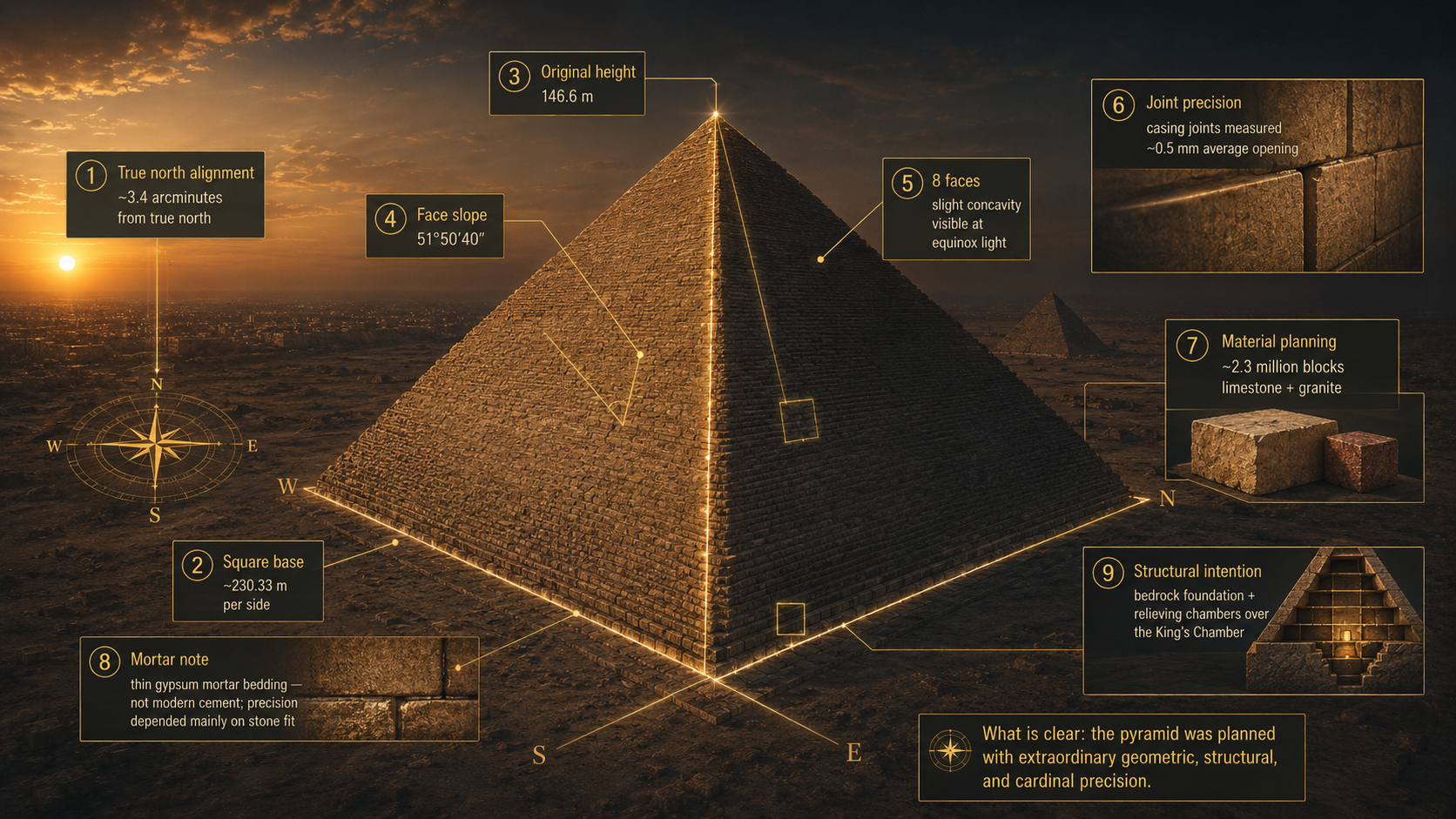 Great Pyramid engineering precision diagram showing 9 intentional design features: 1. True north alignment within 3.4 arcminutes, 2. Square base at 230.33 meters per side, 3. Original height 146.6 meters, 4. Face slope at 51 degrees 50 minutes 40 seconds, 5. Eight faces with slight concavity visible only at equinox light, 6. Joint precision with casing joints measured at approximately 0.5mm average opening, 7. Material planning with 2.3 million blocks of limestone and granite, 8. Mortar note showing thin gypsum mortar bedding not modern cement where precision depended mainly on stone fit, 9. Structural intention with bedrock foundation and relieving chambers over the King's Chamber — with compass rose showing cardinal alignment and footer stating the pyramid was planned with extraordinary geometric structural and cardinal precision