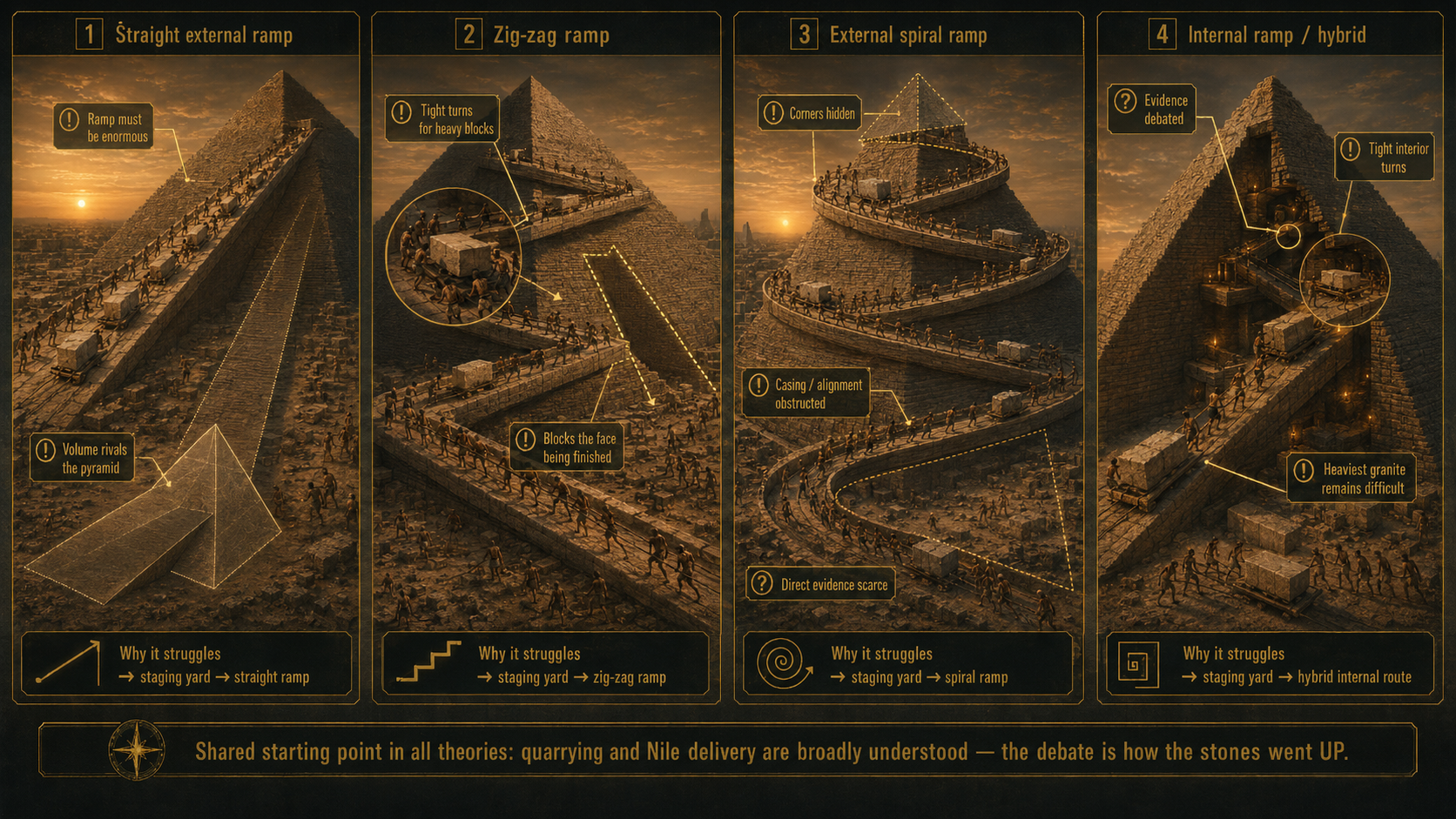 Detailed failure analysis of the four ramp theories: straight ramp requires enormous volume rivaling the pyramid itself; zig-zag ramp forces tight turns for heavy blocks and blocks the face from being finished; spiral ramp hides corners obstructing casing and alignment with scarce direct evidence; internal ramp has debated evidence with tight interior turns and the heaviest granite blocks remaining difficult to maneuver. Shared starting point: quarrying and Nile delivery are broadly understood — the debate is how the stones went UP.