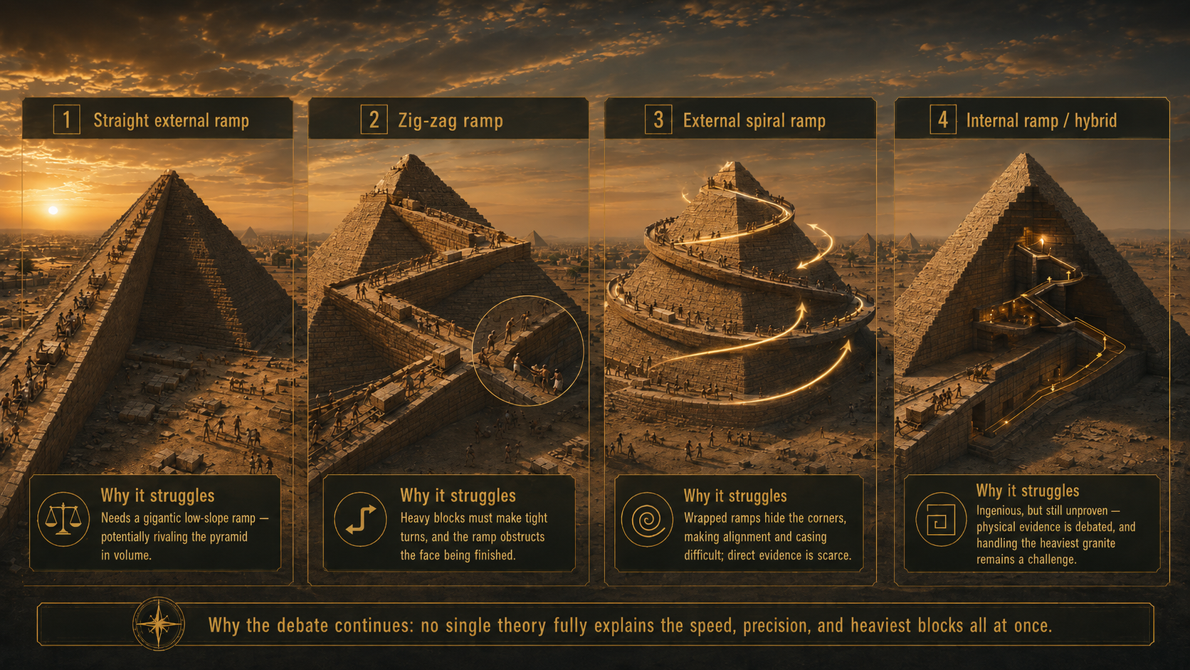 Four mainstream theories for pyramid construction side by side: 1. Straight external ramp — needs a gigantic low-slope structure potentially rivaling the pyramid in volume; 2. Zig-zag ramp — heavy blocks must make tight turns and the ramp obstructs the face being finished; 3. External spiral ramp — wrapped ramps hide corners, making alignment and casing difficult, direct evidence scarce; 4. Internal ramp/hybrid — ingenious but still unproven, physical evidence debated, handling heaviest granite remains a challenge. Footer: no single theory fully explains the speed, precision, and heaviest blocks all at once.