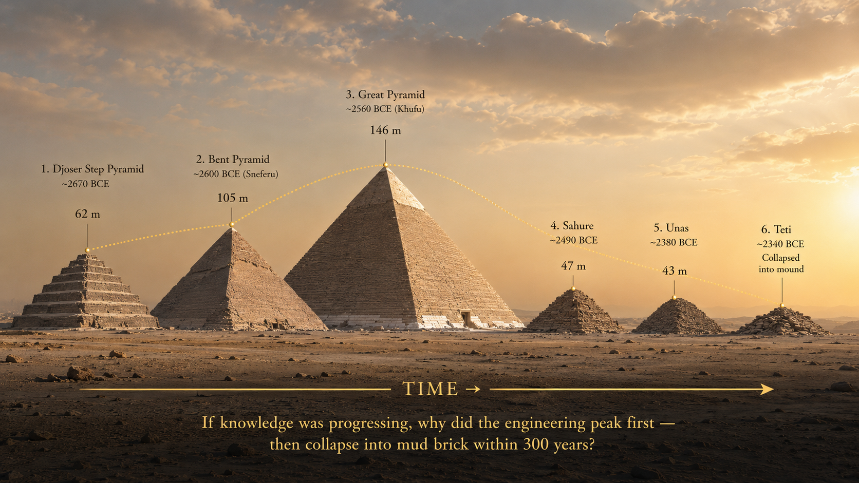 Timeline showing six Egyptian pyramids in chronological order from left to right, each progressively smaller and less refined: 1. Djoser Step Pyramid circa 2670 BCE at 62 meters; 2. Bent Pyramid circa 2600 BCE at 105 meters; 3. Great Pyramid circa 2560 BCE at 146 meters (the peak); 4. Sahure circa 2490 BCE at 47 meters; 5. Unas circa 2380 BCE at 43 meters; 6. Teti circa 2340 BCE collapsed into a mound. Arrow labeled TIME runs left to right. Footer asks: if knowledge was progressing, why did the engineering peak first — then collapse into mud brick within 300 years?