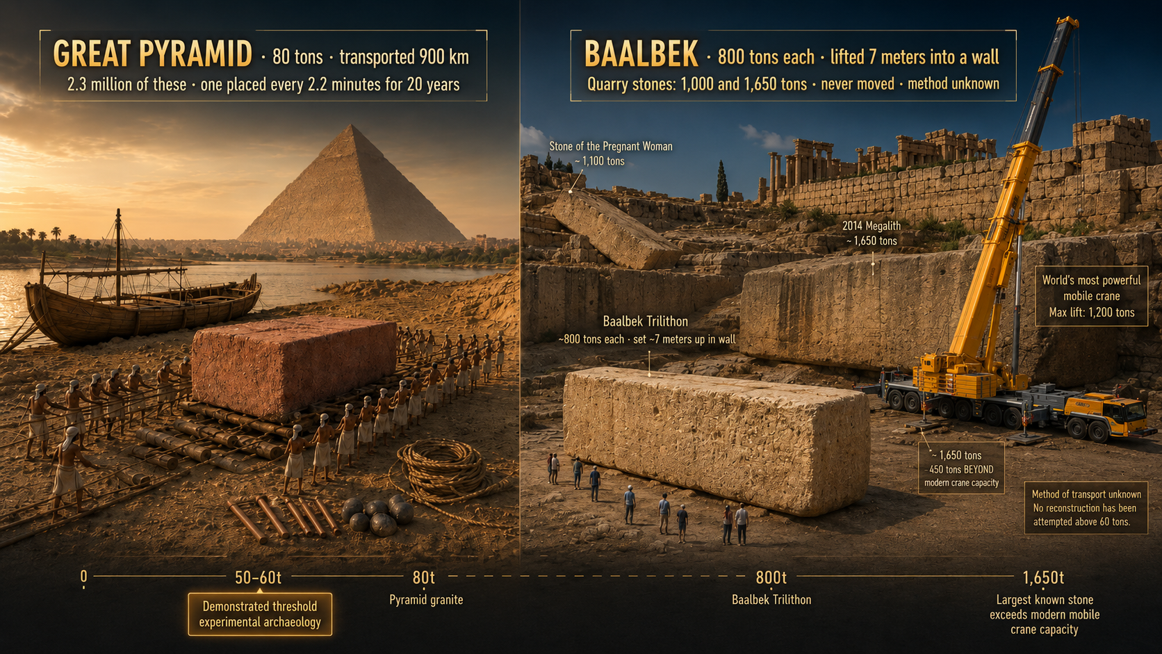 Side-by-side scale comparison: on the left, the Great Pyramid's 80-ton granite block with 40 Egyptian workers in hauling formation, wooden barge, and copper tools — on the right at identical scale, an 800-ton Baalbek Trilithon stone dwarfing the pyramid block, with observers standing nearby but no transport method shown because none is known, a 1,100-ton Stone of the Pregnant Woman and 1,650-ton megalith still in the quarry behind it, and the world's most powerful mobile crane (max lift 1,200 tons) rendered at full scale next to the quarry stone it cannot lift — with a weight threshold bar across the bottom showing the 50-60 ton experimental archaeology limit, the pyramid's 80 tons just above it, and Baalbek's 800-1,650 tons far beyond