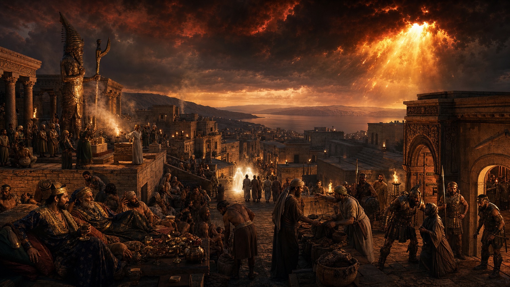 Sodom on the eve of destruction: a cinematic night scene of a wealthy Bronze Age city on a plain, palace courtyards and streets crowded with debauchery, drinking, idol worship, and entwined figures, while on the hills in the background fire is already breaking through dark crimson clouds: judgment beginning even as the city continues its revel