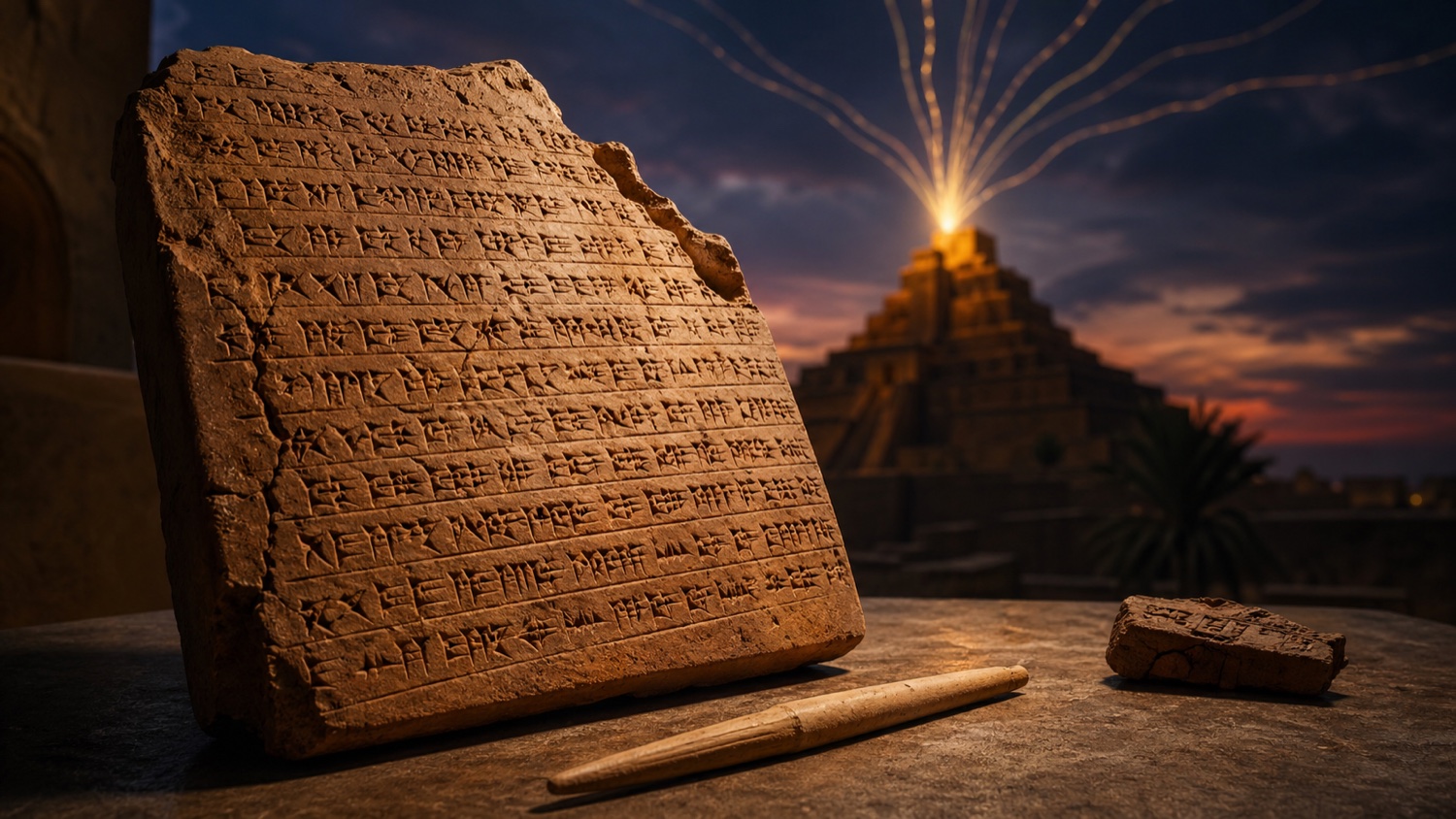 A weathered cuneiform tablet propped on a stone surface in dramatic dusk light: wedge-shaped script casting sharp shadows, with a Sumerian stepped ziggurat in soft focus behind it and golden threads of light splitting outward from its summit into many separating directions, suggesting one language becoming many
