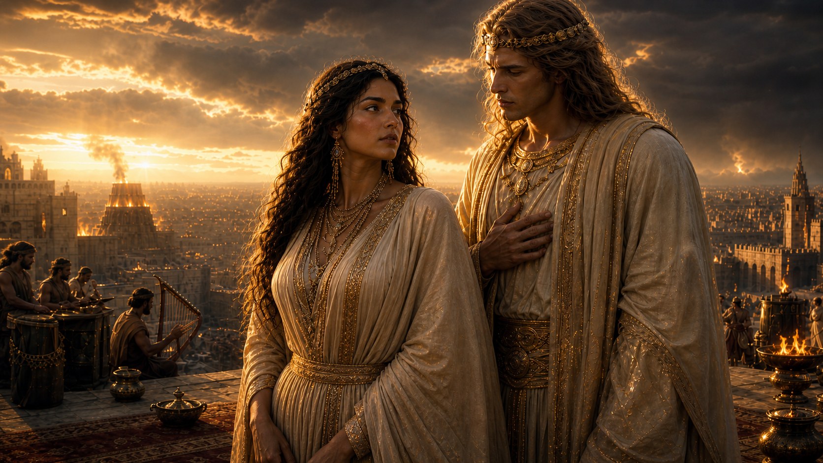 Naamah and a Watcher figure on a high terrace at sunset, the city of Cain stretched behind them with musicians and forge-workers below, gold-and-cream robes against a stormy dawn sky
