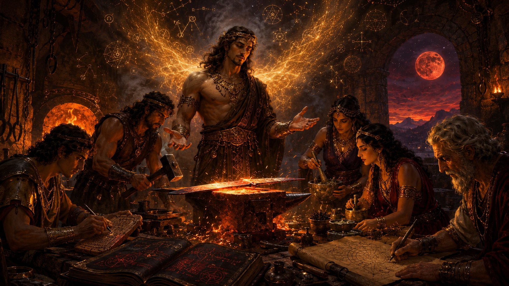 A Watcher figure standing over a glowing forge, instructing human smiths as sparks rise into a stormy sky, swords and shields stacked beside the anvil under torchlight